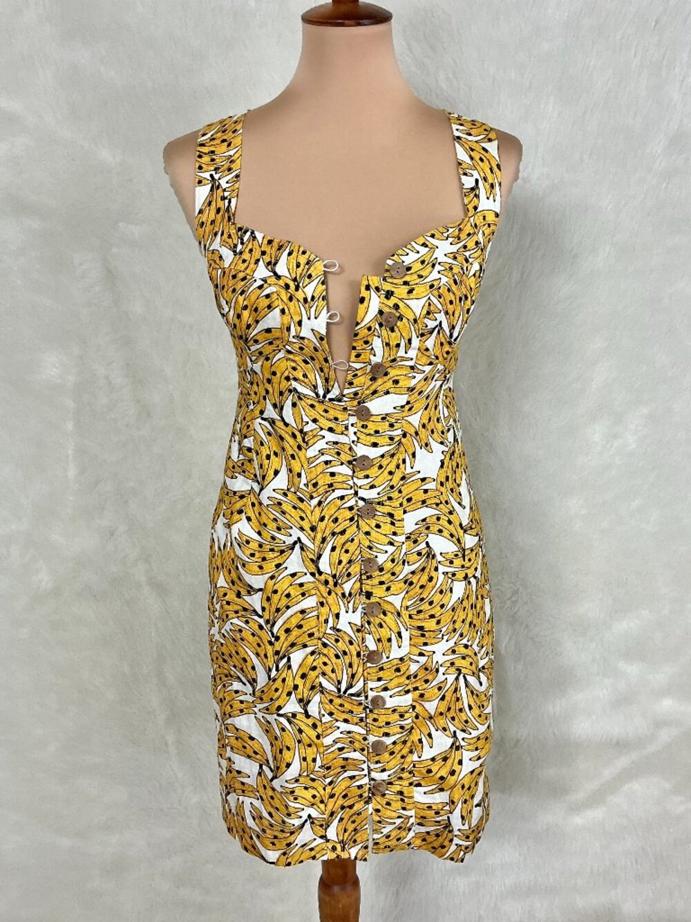 Farm Rio Sleeveless Spotted Bananas Mini Dress 100% Linen Tropical Beach XS